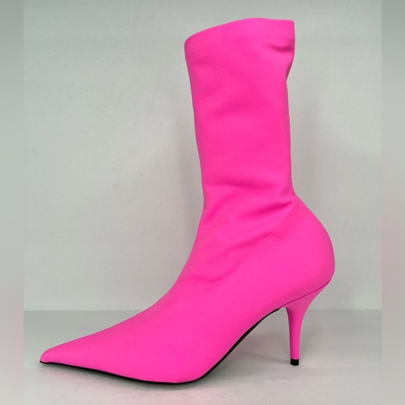 Balenciaga Knife Bootie Spandex Matt Fluo Pink Kitten Heel Barbie Boots EU 37 - Picture 10 of 13